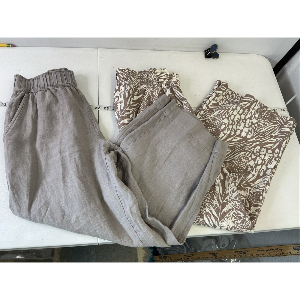 Lot 2 Tahari / Christian Siriano linen Wide Leg pull on pants Tan, Tropical SM